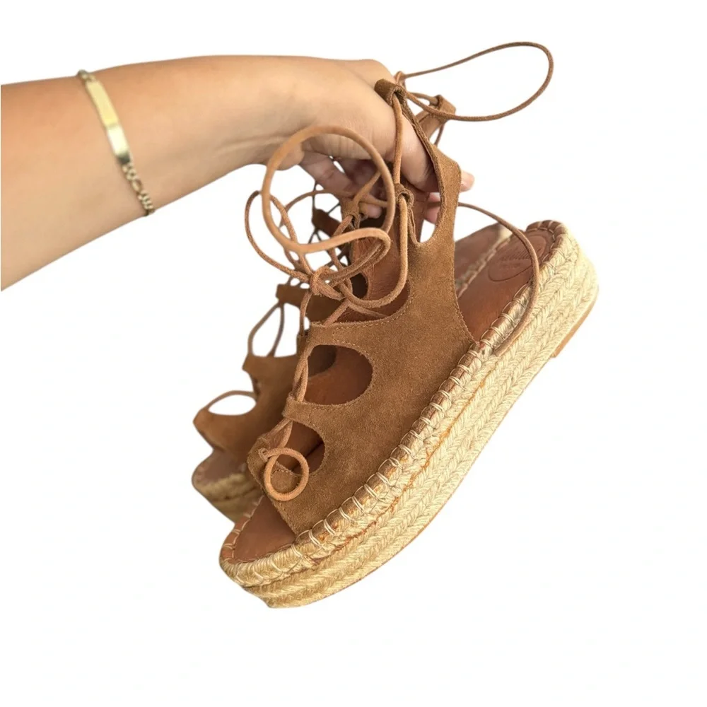 ALOHA’S Tan Camel Gladiator Leather Platform Lace-Up Wrap Espadrille Sandals